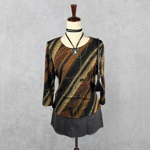 Vintage 90s Brown Gold Striped 3/4 Sleeve Mesh Top